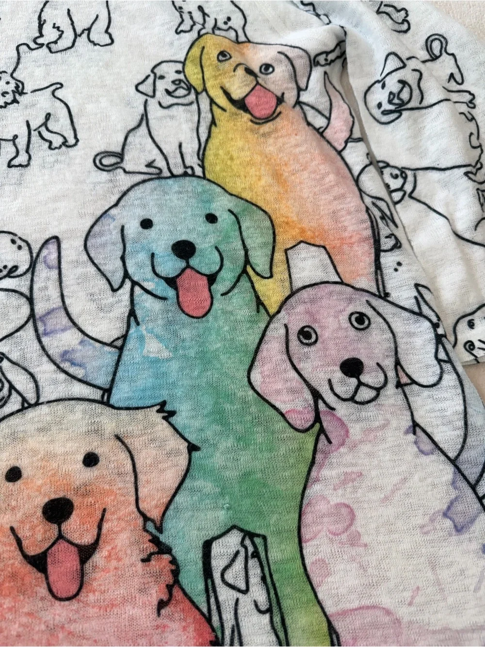 Et' Lois Colorful Dog Print Long Sleeve Tee White Novelty made in USA Medium